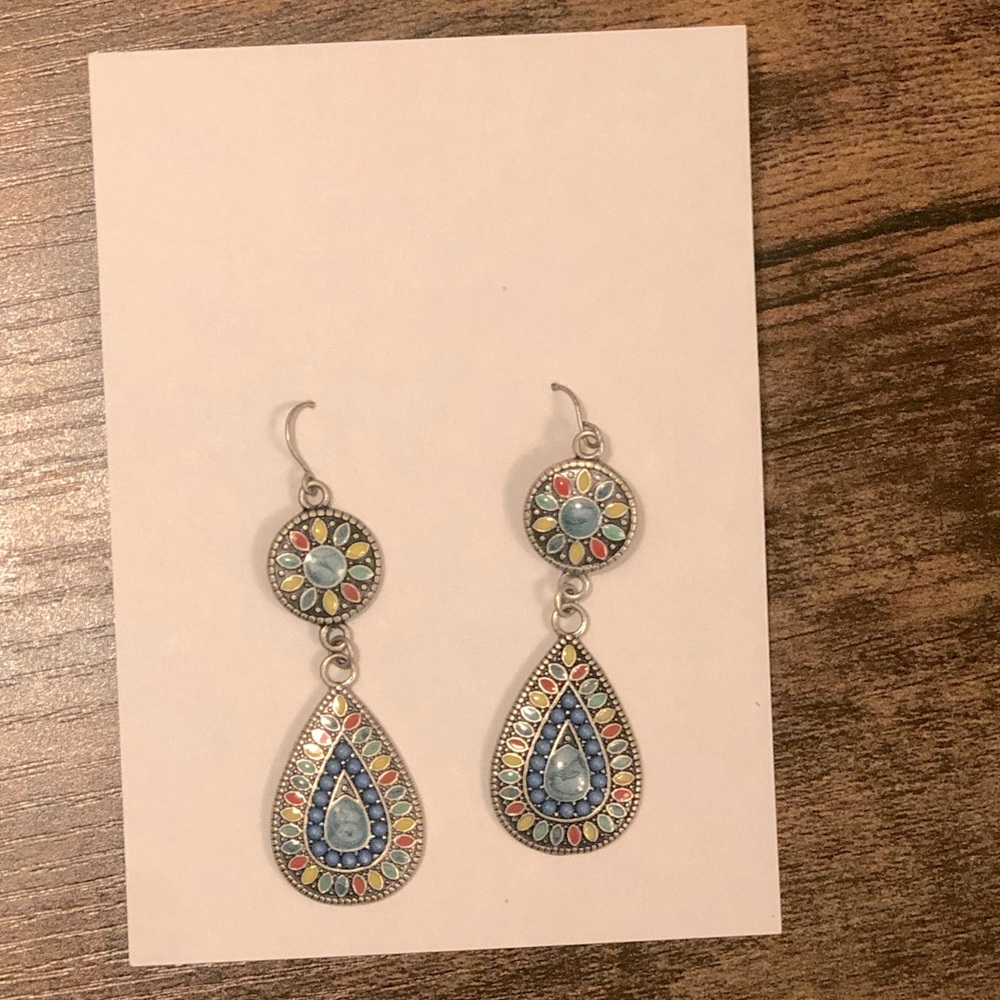 Silver Multicolor Mosaic Drop Earrings